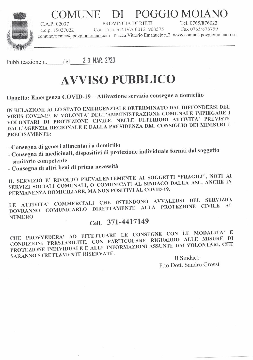 ATTIVAZIONE SERVIZIO CONSEGNE A DOMICILIO