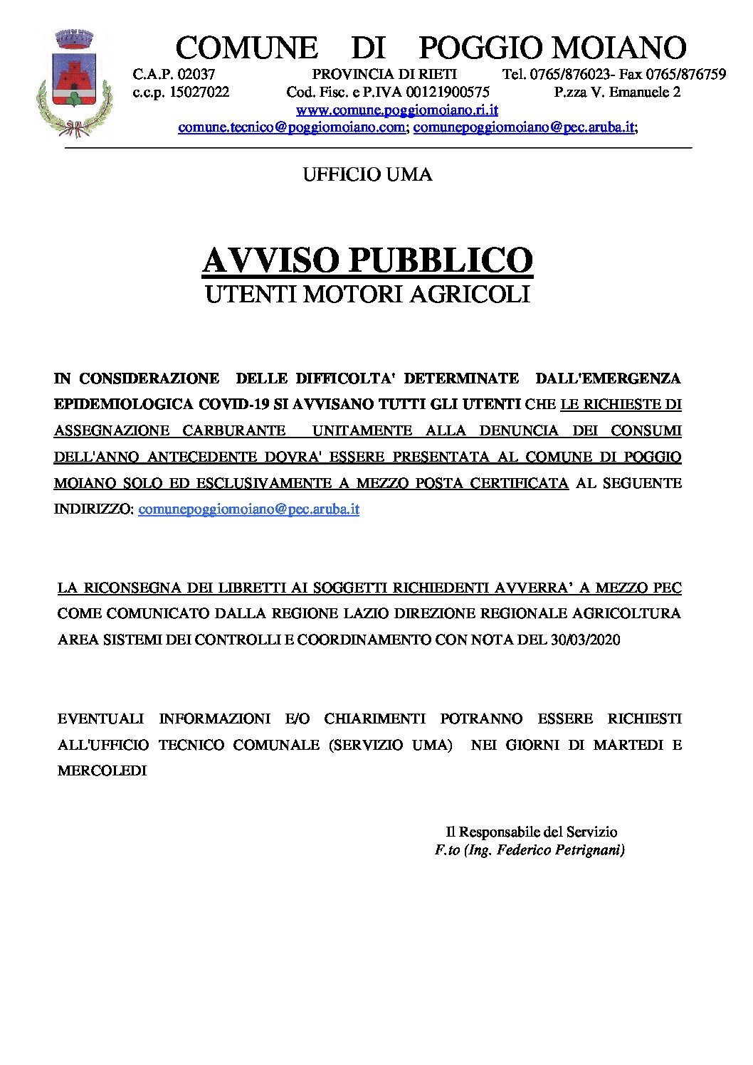 AVVISO PUBBLICO UTENTI UMA – MODALITA’ RICHIESTE ASSEGNAZIONE CARBURANTE E RICONSEGNA LIBRETTI