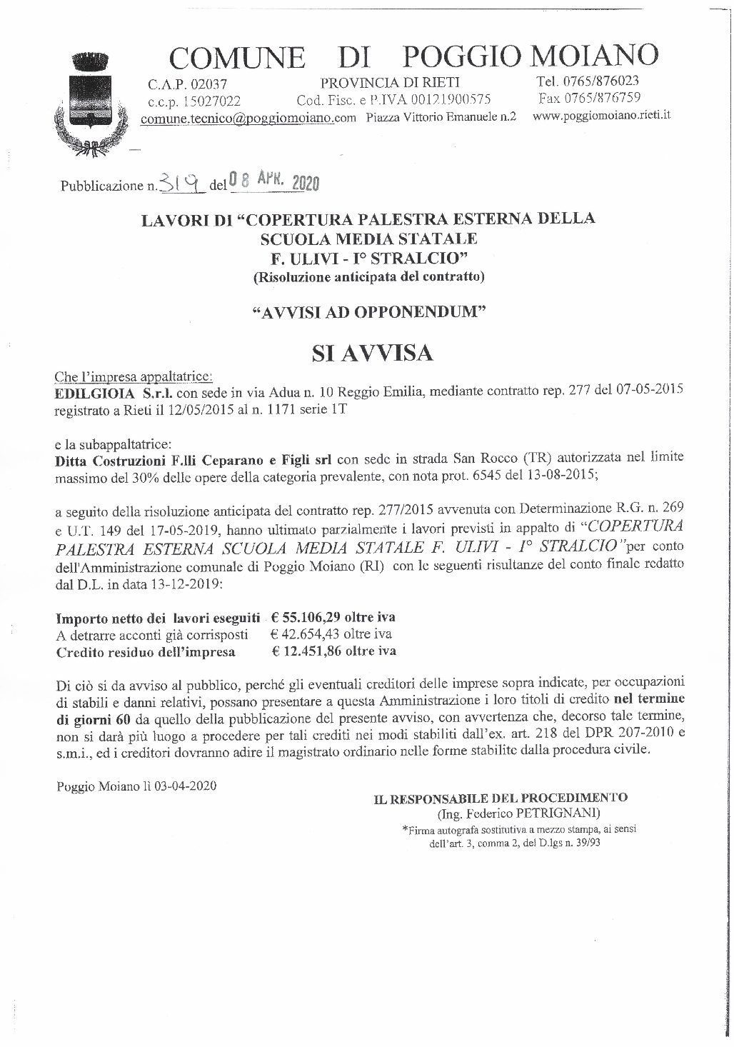 LAVORI COPERTURA PALESTRA SCUOLA MEDIA, I STRALCIO