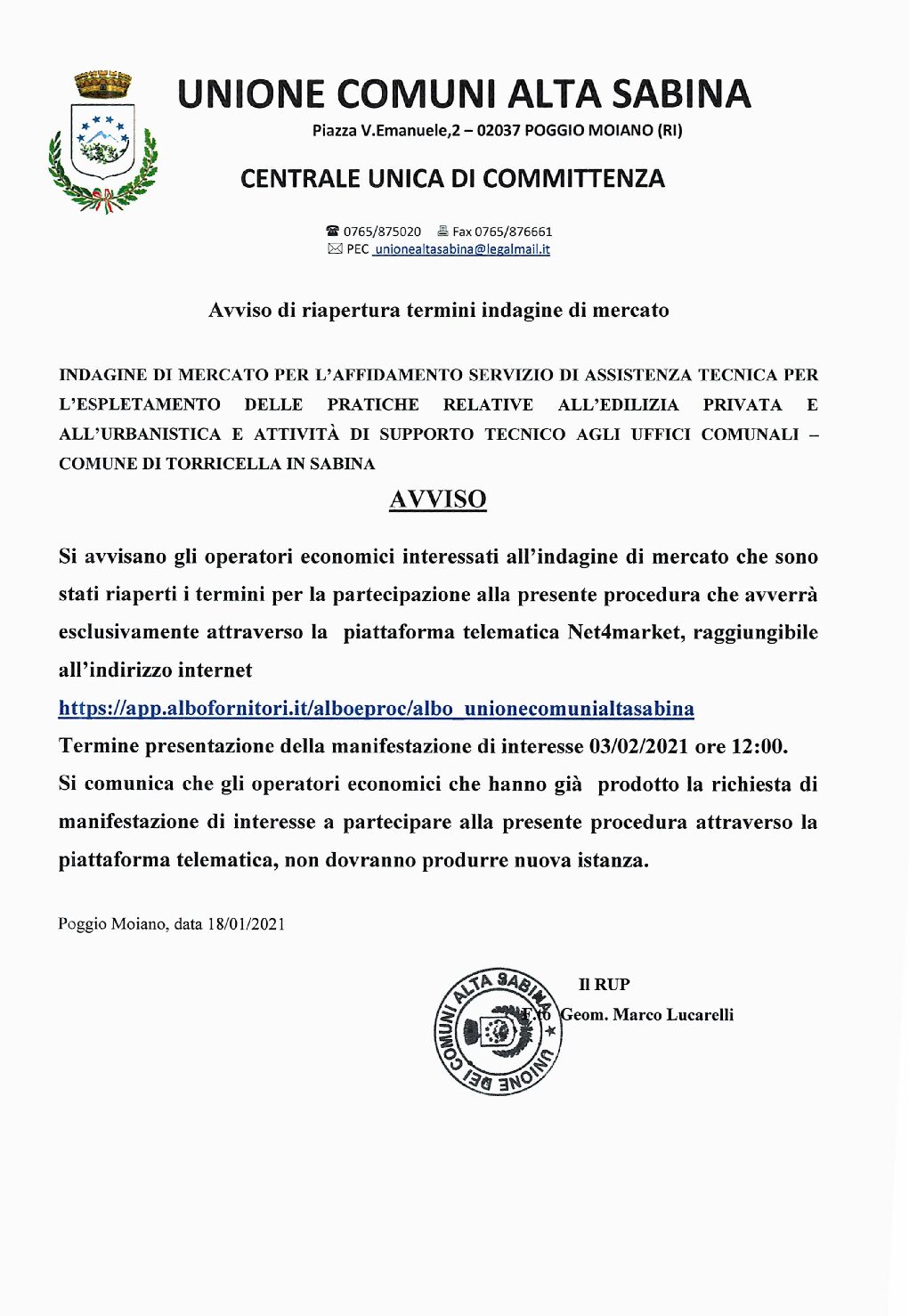 Avviso di Riapertura Termini Indagine di Mercato