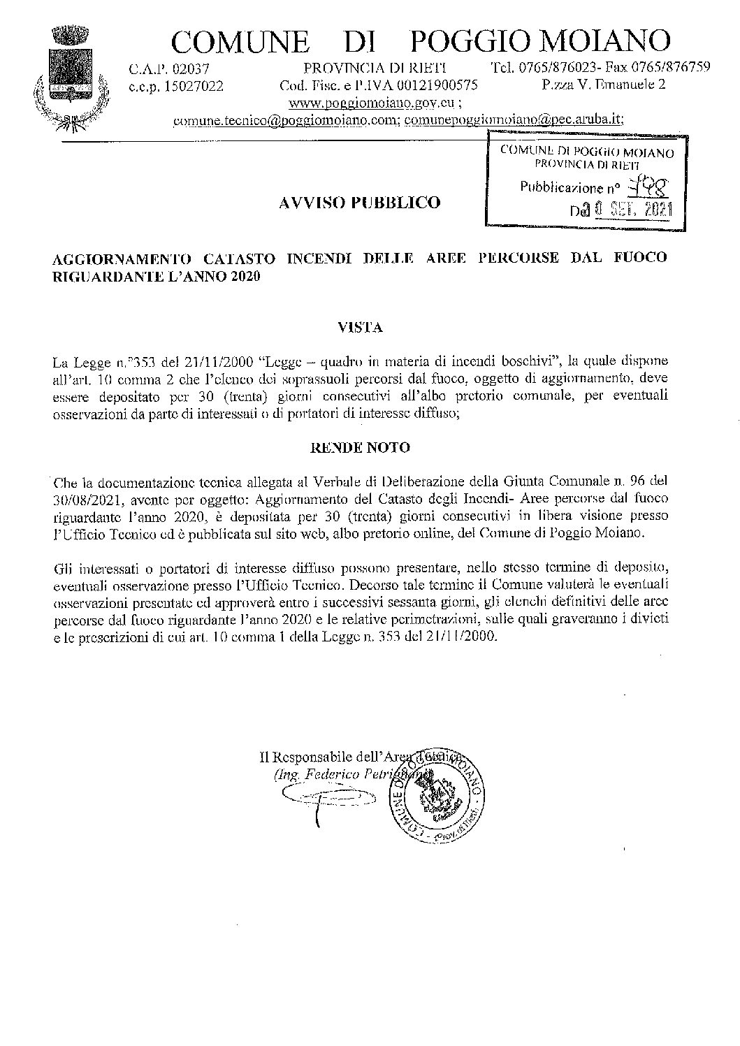 Aggiornamento Catasto Incendi delle aree percorse dal fuoco riguardante l’anno 2020