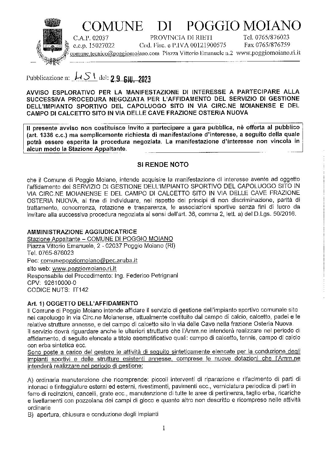 Avviso gestione impianto sportivo