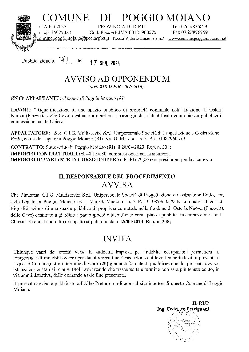 AVVISO AD OPPONENDUM